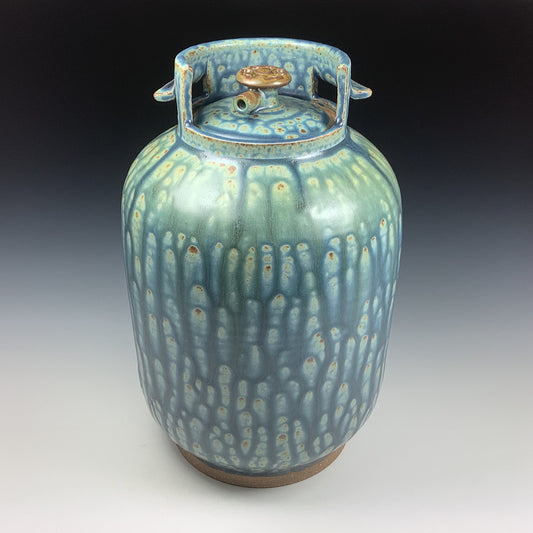 Handmade stoneware art abstract ceramic sculptures pottery decoration propane tank coin jar - Large ash blue green - item 581