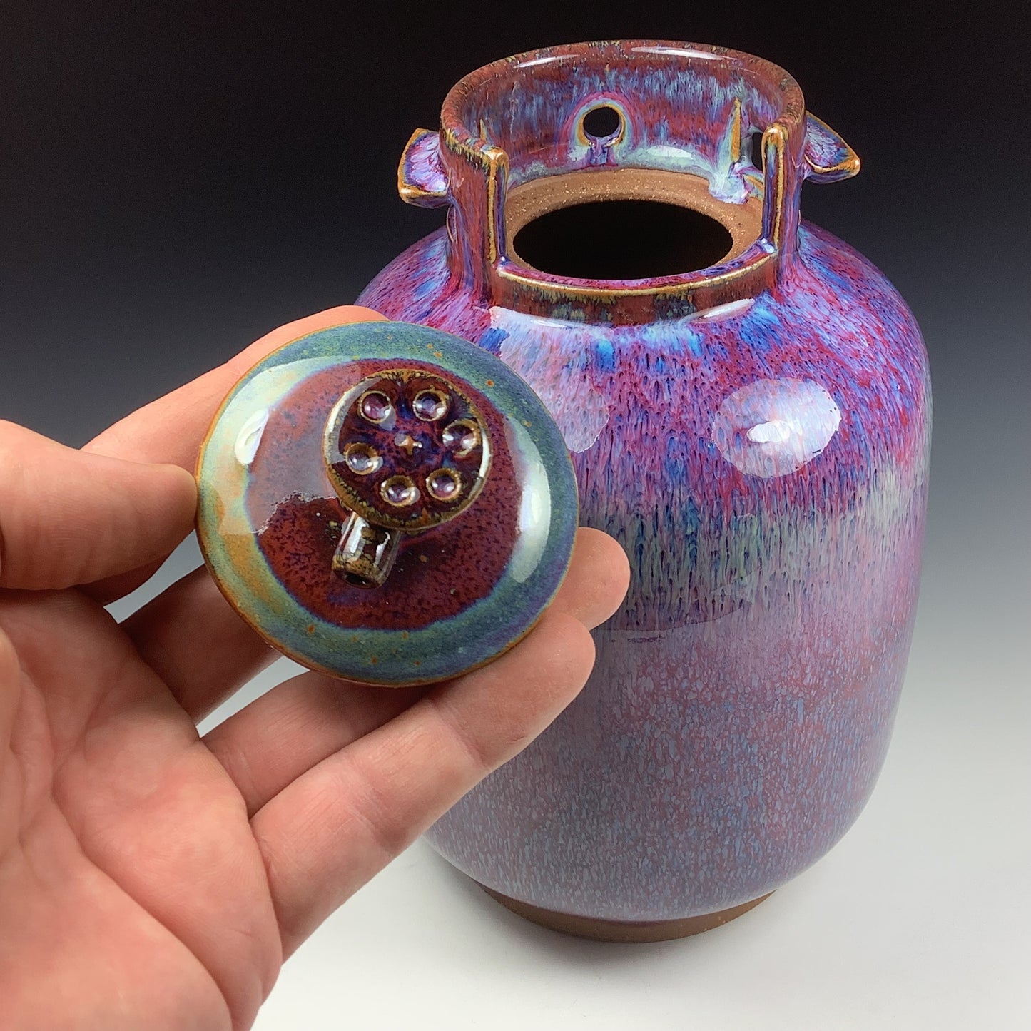 Handmade stoneware art abstract ceramic sculptures pottery decoration propane tank coin jar - Large purple - item 3578