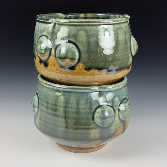 Handmade dinner sets ceramic stoneware pottery dinnerware set of two bowls - Green amber ash bump stacking set of two bowls
