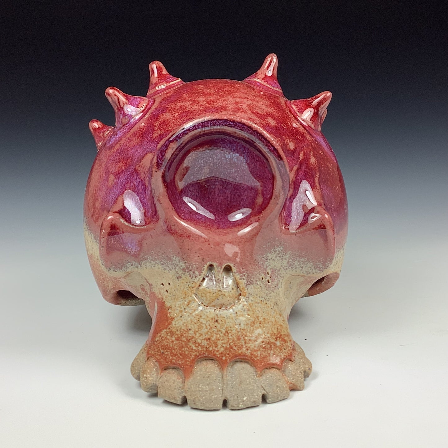 Handmade stoneware art abstract ceramic sculptures pottery decoration skull - Orange shino red wheel thrown enclosed form altered skull sculpture - item 2884