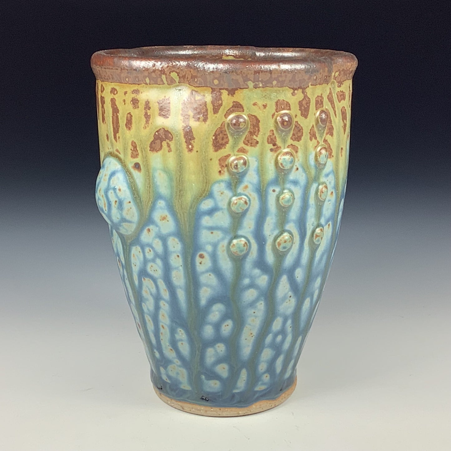 Handmade stoneware small pottery cup dinnerware - Blue brown slip dotted bump - item 3353