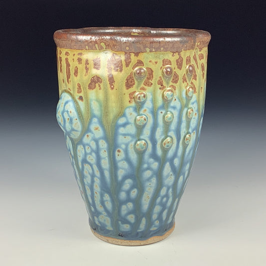 Handmade stoneware small pottery cup dinnerware - Blue brown slip dotted bump - item 3353