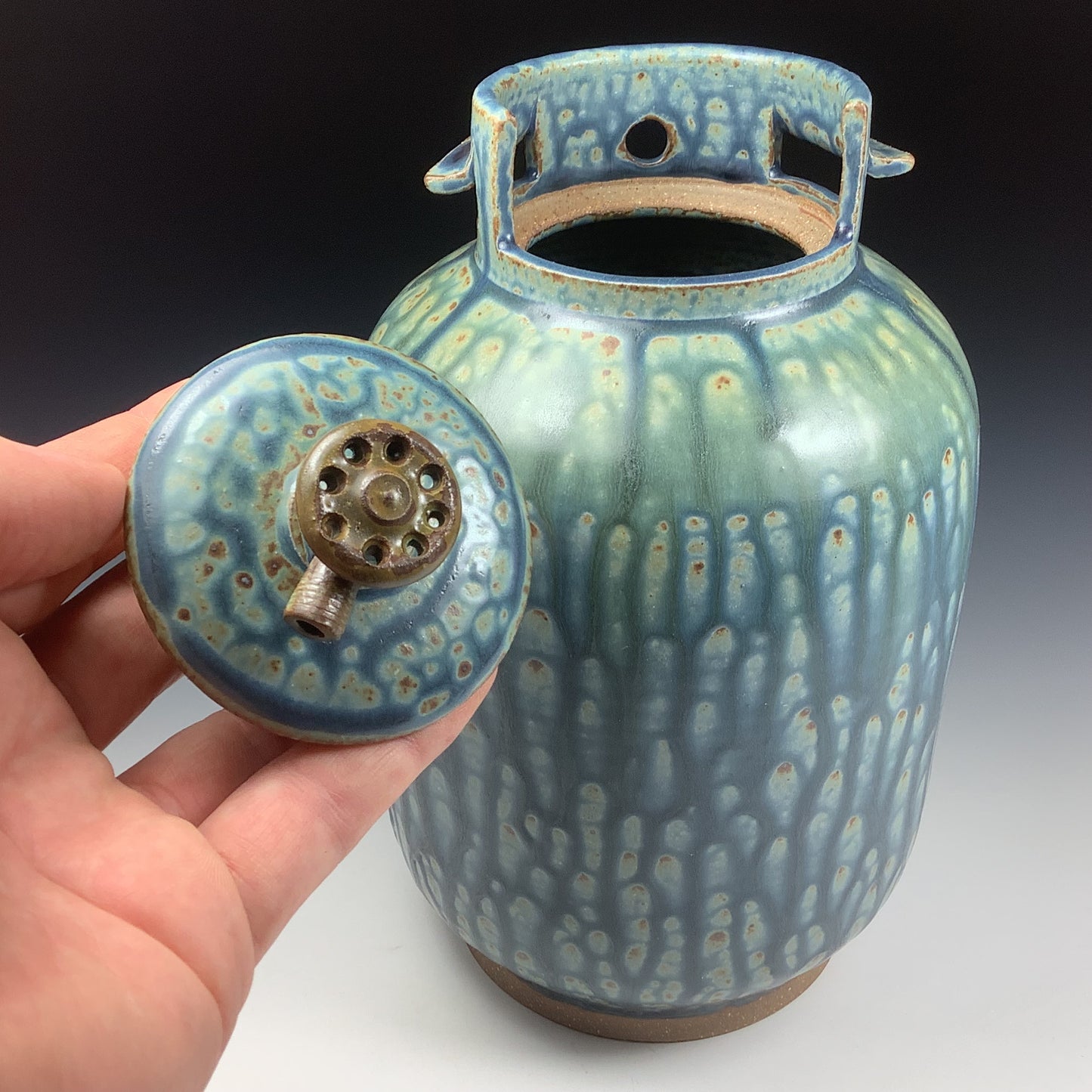 Handmade stoneware art abstract ceramic sculptures pottery decoration propane tank coin jar - Large ash blue green - item 581
