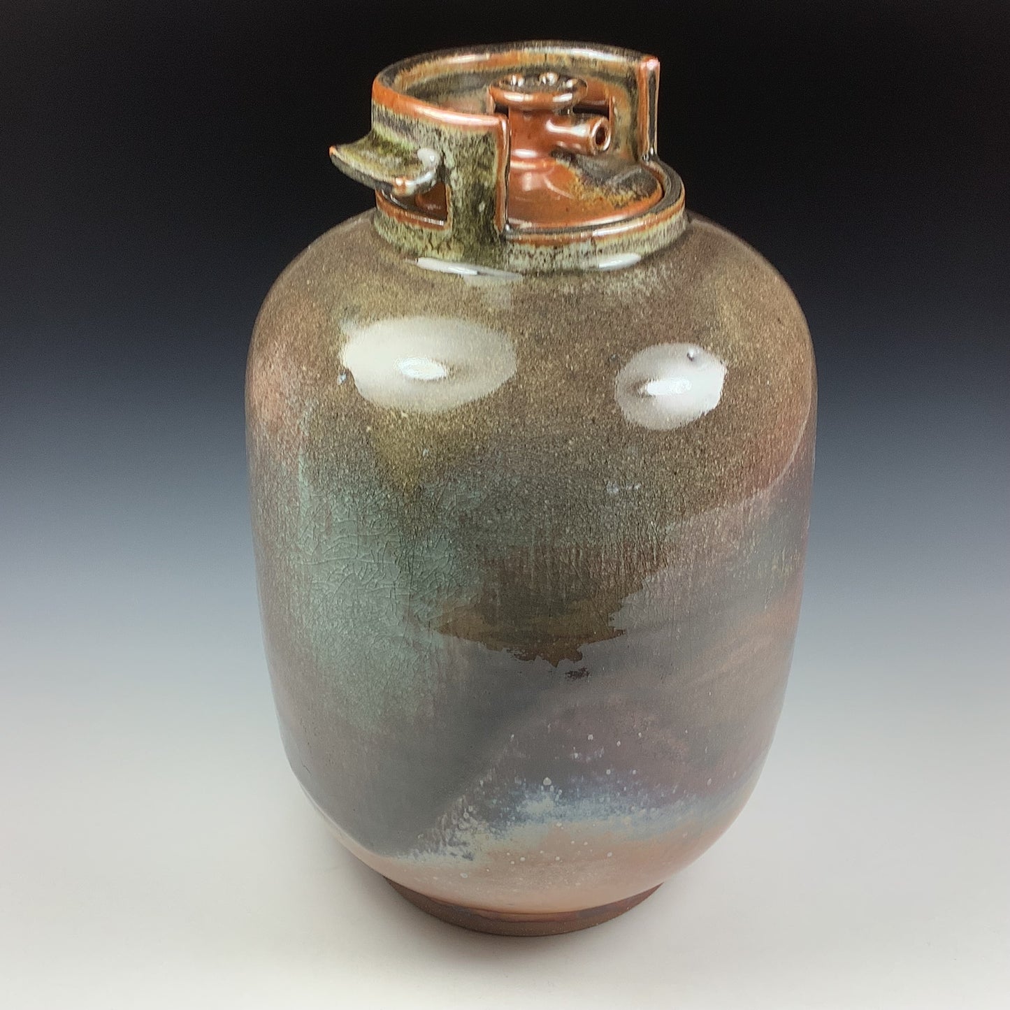 Handmade stoneware art abstract ceramic sculptures pottery decoration propane tank coin jar - Large orange shino- item 3579