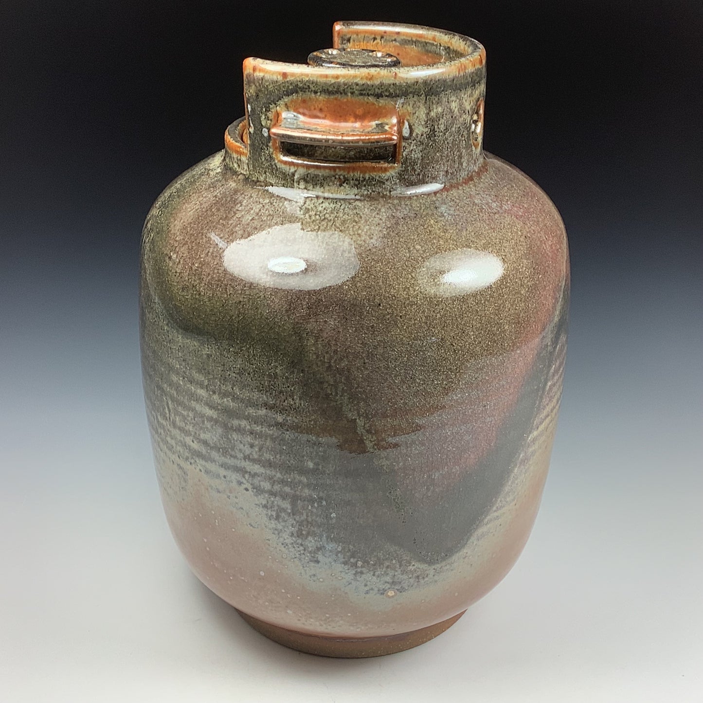 Handmade stoneware art abstract ceramic sculptures pottery decoration propane tank coin jar - Large orange shino - item 3582