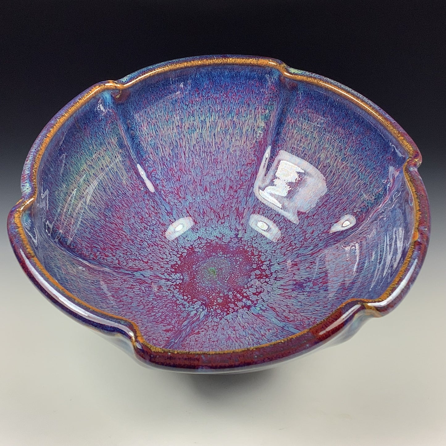 Handmade ceramic artisanal pottery bowls dinnerware stoneware serving bowls centerpiece - Medium purple red scalloped rim - item 3283