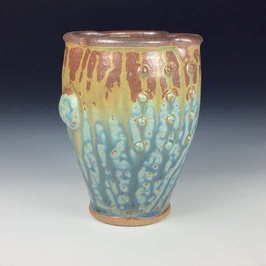 Handmade stoneware small pottery cup dinnerware  - Blue brown ash slip dotted bump - item 3341