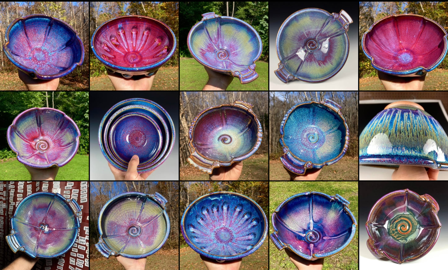 Handmade ceramic artisanal pottery bowls dinnerware stoneware serving bowls - Medium purple red twisted rim with handles - item 3267