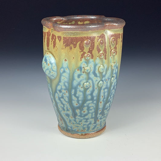Handmade stoneware small pottery cup dinnerware  - Blue brown slip dotted bump - item 3340