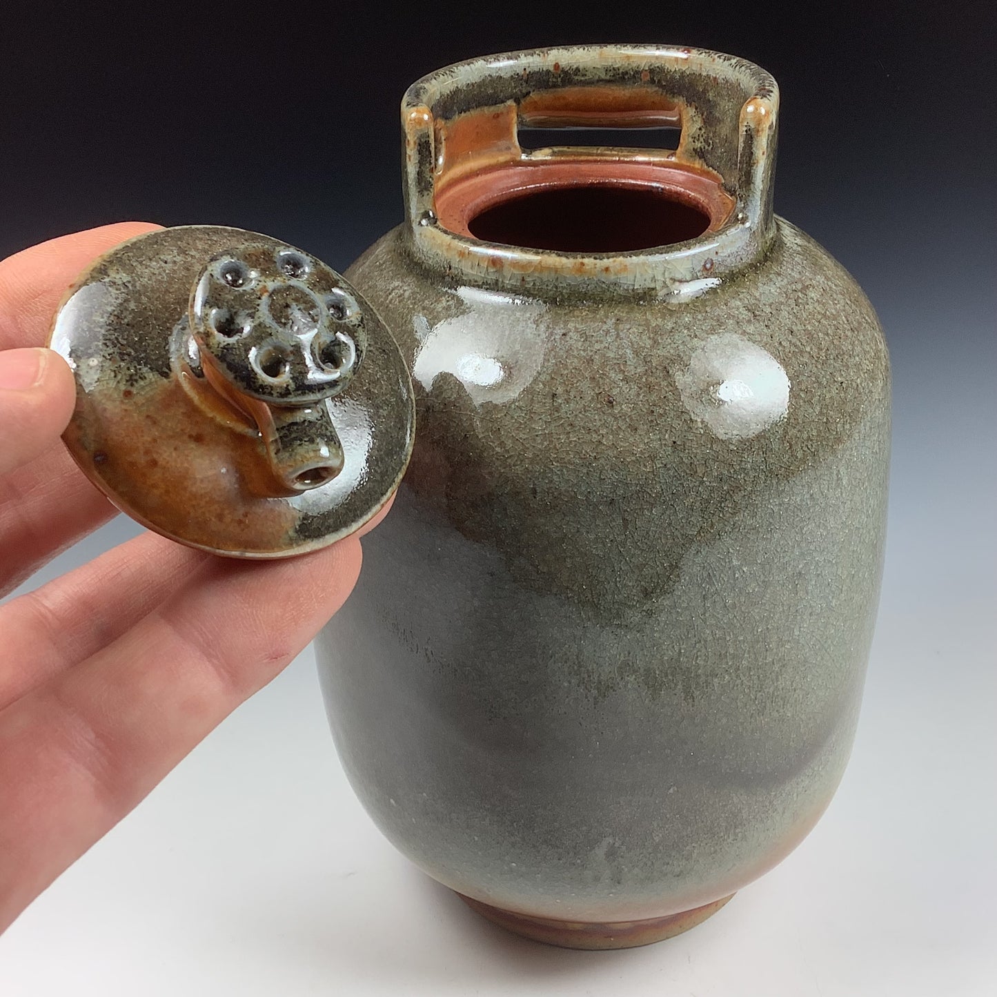 Handmade stoneware art abstract ceramic sculptures pottery decoration propane tank coin jar - Small orange shino - item 3574