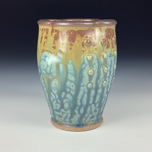 Handmade stoneware small pottery cup - Blue brown ash slip dotted bump - item 3348