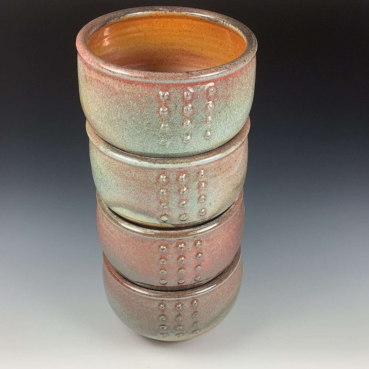 Handmade dinner sets ceramic pottery bowl stoneware dinnerware sets of four dinnerware - Orange shino slip-dotted stacking bowls  - item 3571