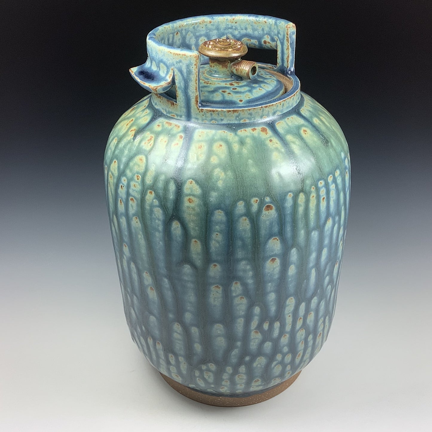 Handmade stoneware art abstract ceramic sculptures pottery decoration propane tank coin jar - Large ash blue green - item 581