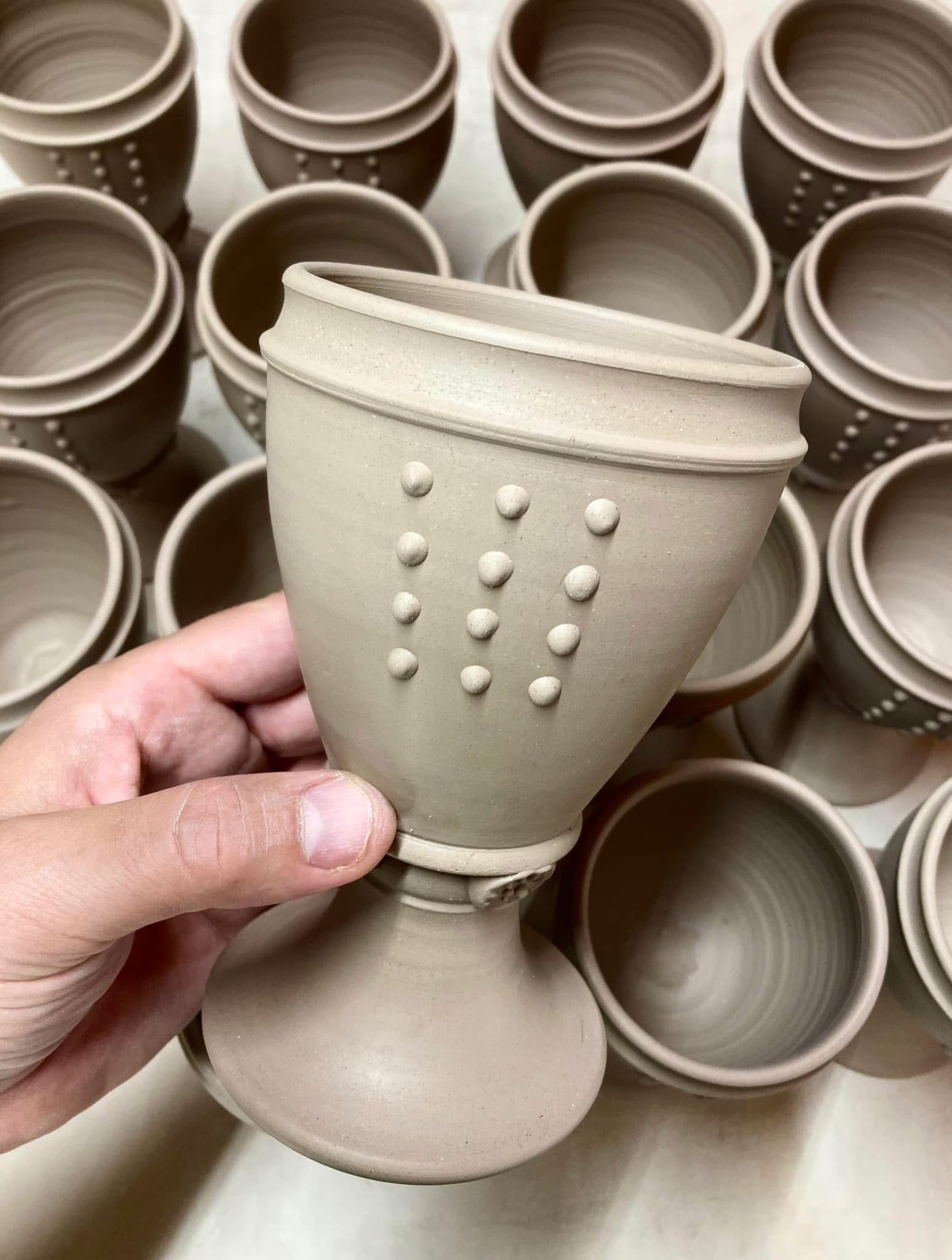 Handmade ceramic stoneware pottery dinnerware artistic goblets handmade chalices unique drink goblets - Purple slip dotted cup - item 3327