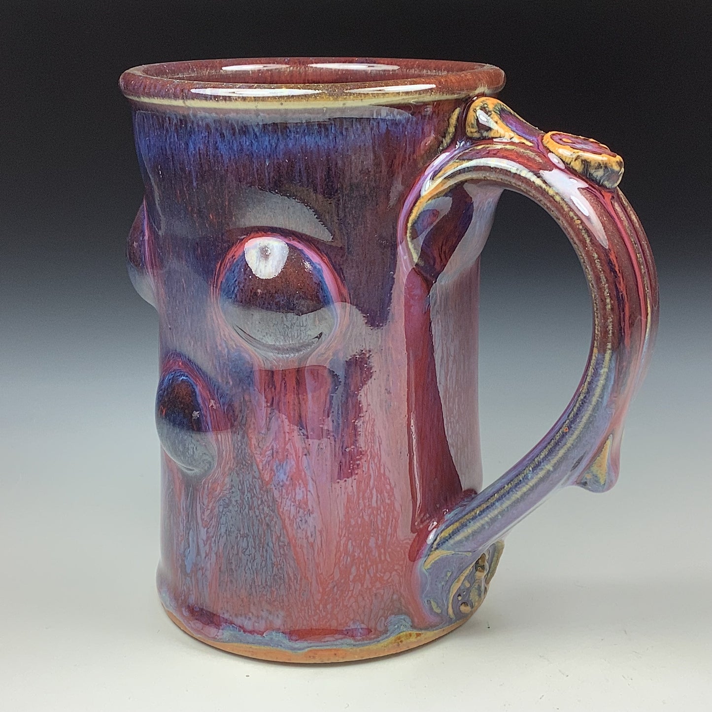 Handmade ceramic mugs stoneware coffee mugs pottery tea mugs stoneware drinkware - Red purple slip-dotted bump - item 3479