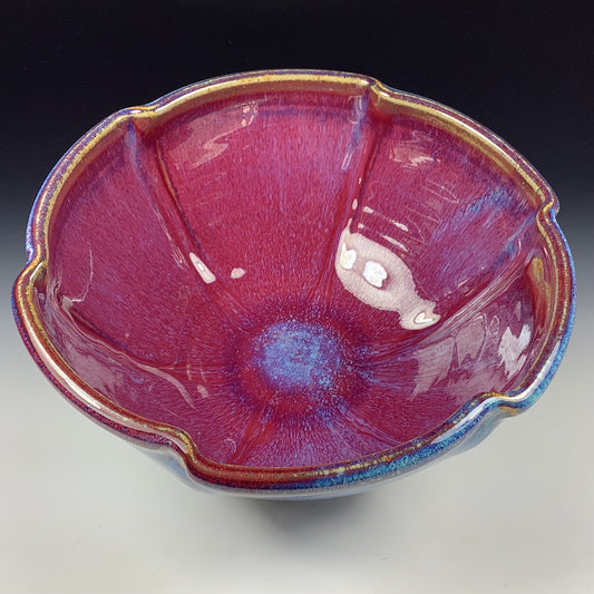 Handmade ceramic artisanal pottery bowls dinnerware stoneware serving bowls centerpiece - Medium bring red scalloped rim - item 3285