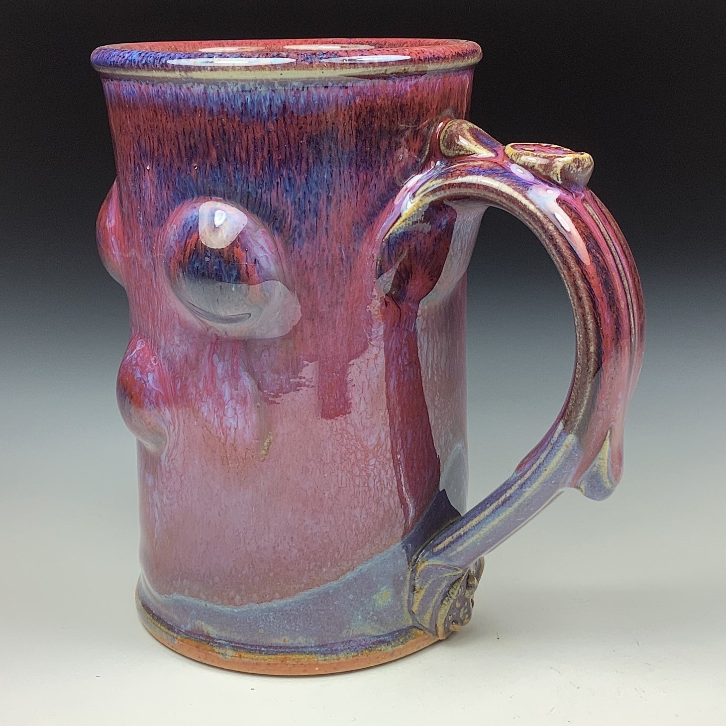Handmade ceramic mugs stoneware coffee mugs pottery tea mugs stoneware drinkware - Red purple slip-dotted bump - item 3478